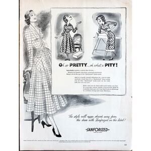 Vtg Sanforized Fabric Print Ad Retro 1940's Fashion Illustration Seamstress 1948